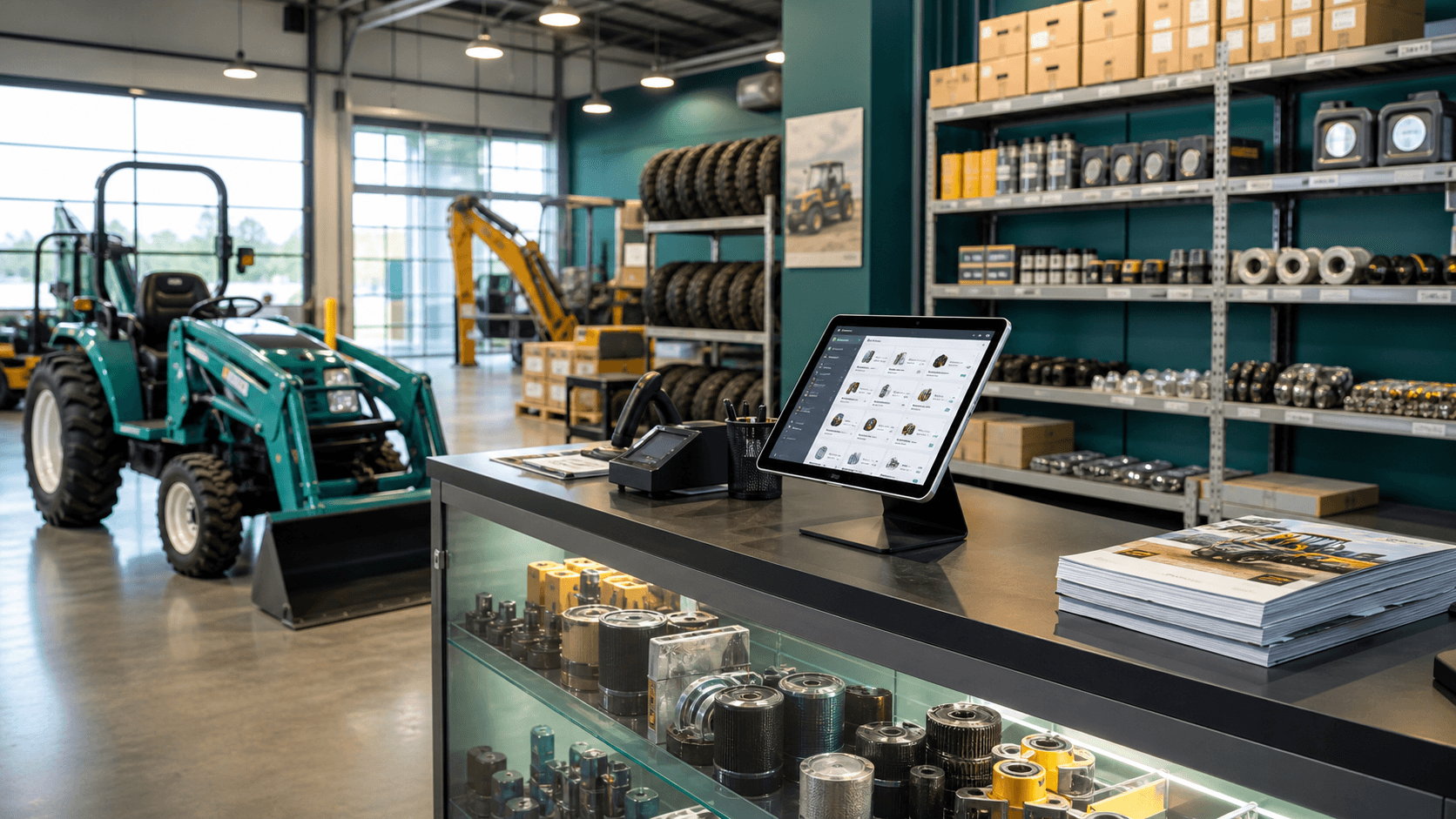 Machinery showroom with spare parts shelves and a POS terminal